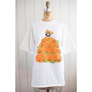 Vintage 80s Single Stitch Halloween T-Shirt Pumpkins Black Cat Tee Spooky Top XL
